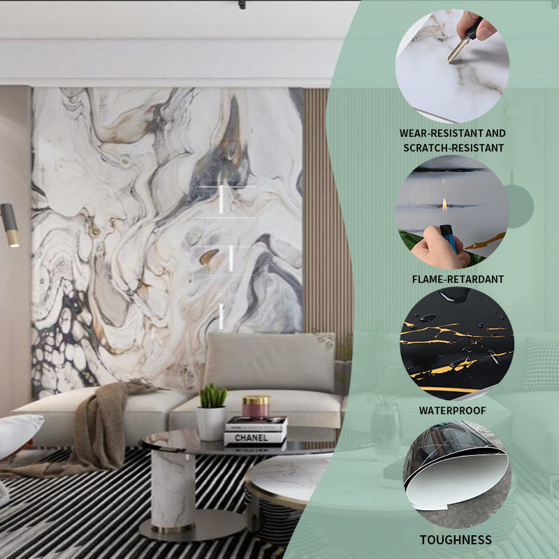 গোল্ড পাউডার স্টোন ভেনা ওয়াল প্যাবেল মার্বেল-মডেলযুক্ত ইউভি উচ্চ চকচকে মার্বেল আর্দ্রতা-প্রমাণ বড় কাস্টম বেধ পিভিসি মার্বেল শীট